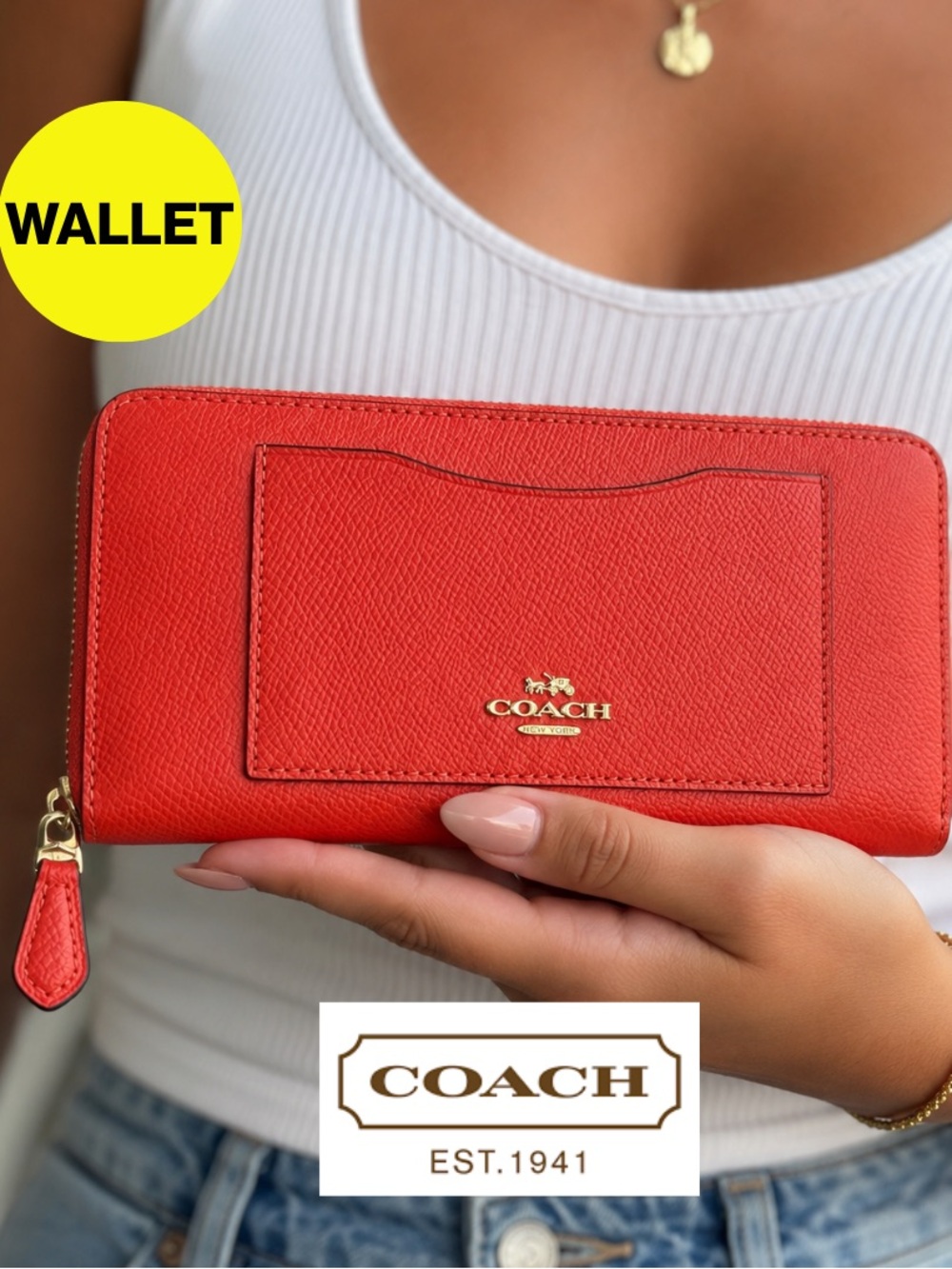 Coach Orange Zip-Around Leather Wallet with Gold Logo